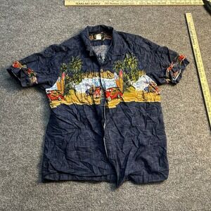 Hawaiian Reserve Collection Shirt Mens Size L Navy Blue Surf Classic Car